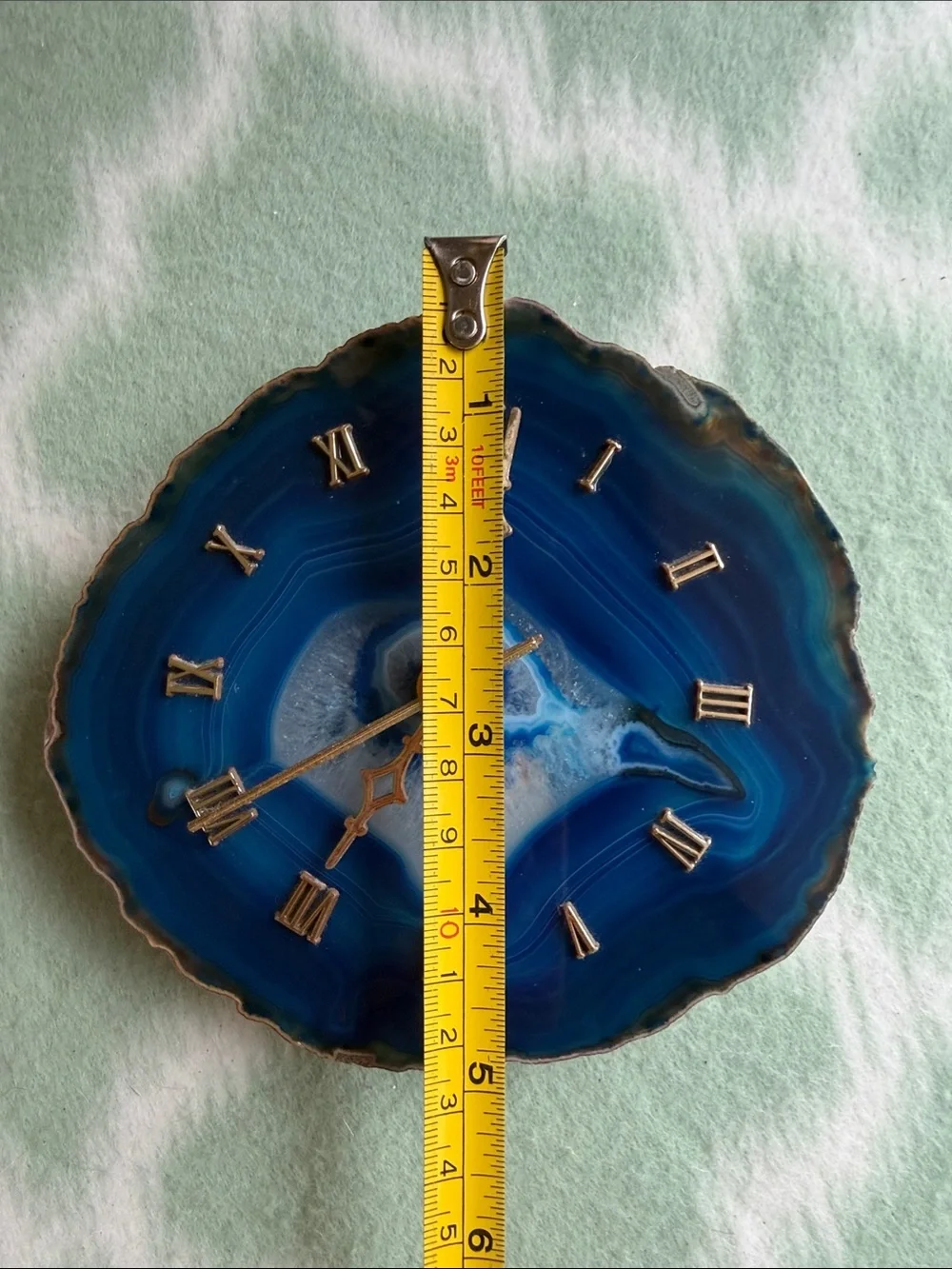Handmade Blue Agate Wall Clock with Gold Accents - about 5.5”x5”